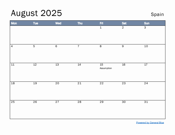 August 2025 Simple Monthly Calendar for Spain