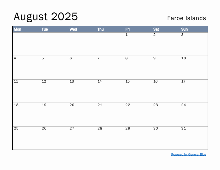 August 2025 Simple Monthly Calendar for Faroe Islands