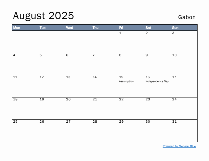 August 2025 Simple Monthly Calendar for Gabon