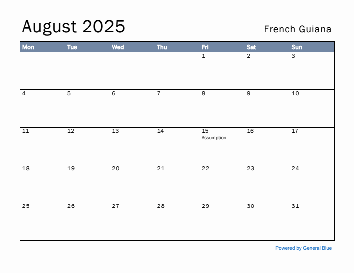 August 2025 Simple Monthly Calendar for French Guiana