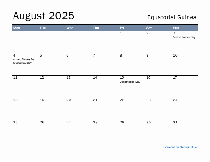 August 2025 Simple Monthly Calendar for Equatorial Guinea