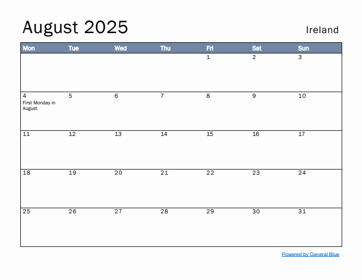 August 2025 Simple Monthly Calendar for Ireland