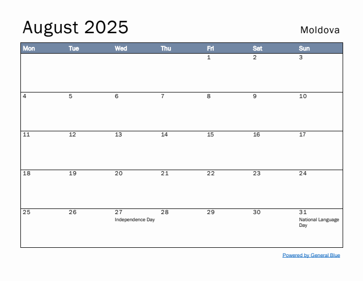 August 2025 Simple Monthly Calendar for Moldova