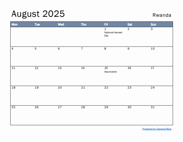 August 2025 Simple Monthly Calendar for Rwanda