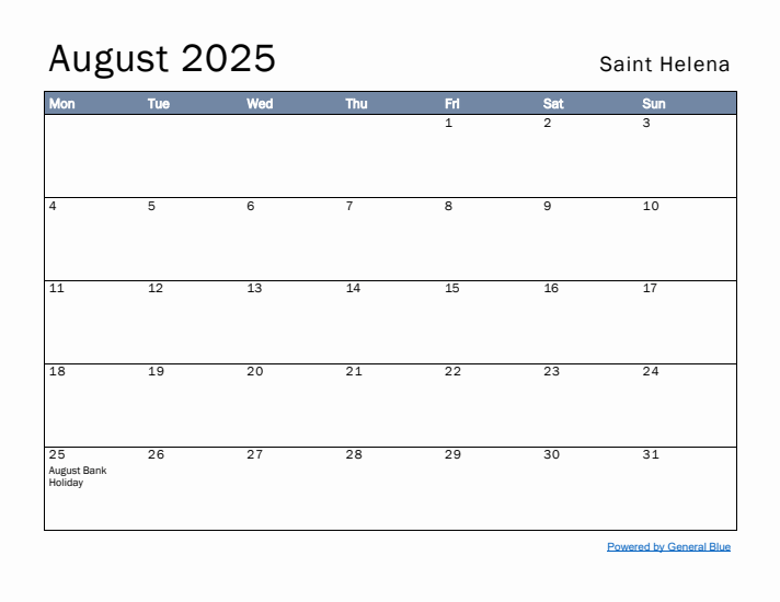 August 2025 Simple Monthly Calendar for Saint Helena