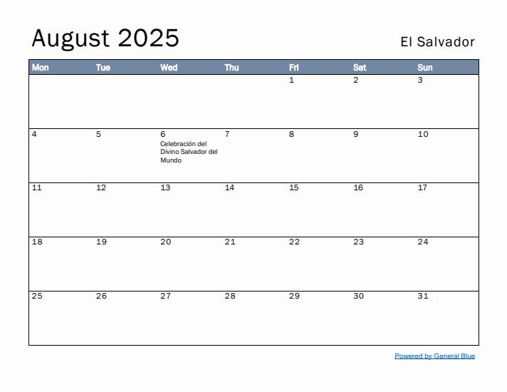 August 2025 Simple Monthly Calendar for El Salvador