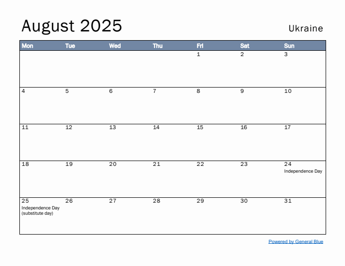 August 2025 Simple Monthly Calendar for Ukraine