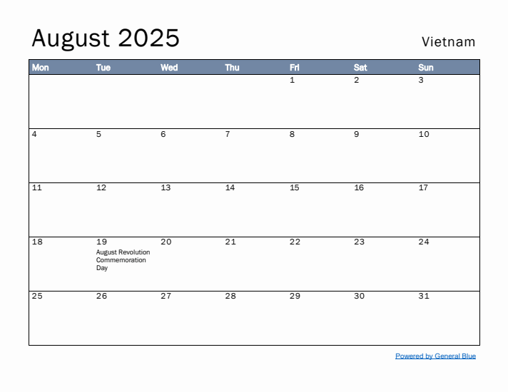 August 2025 Simple Monthly Calendar for Vietnam