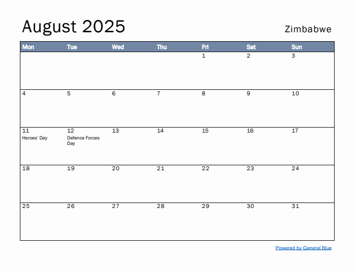 August 2025 Simple Monthly Calendar for Zimbabwe