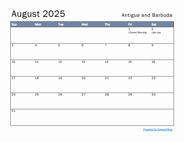 August 2025 Simple Monthly Calendar for Antigua and Barbuda