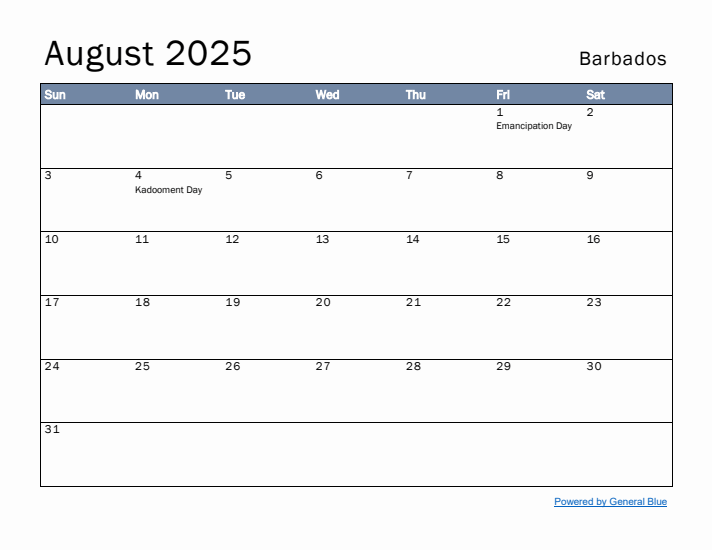 August 2025 Simple Monthly Calendar for Barbados