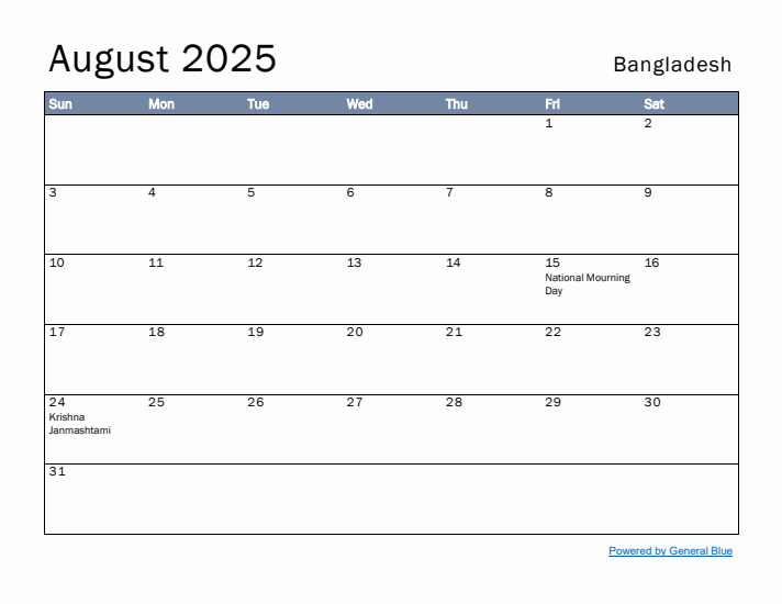 August 2025 Simple Monthly Calendar for Bangladesh