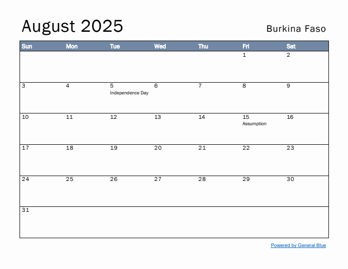 August 2025 Simple Monthly Calendar for Burkina Faso