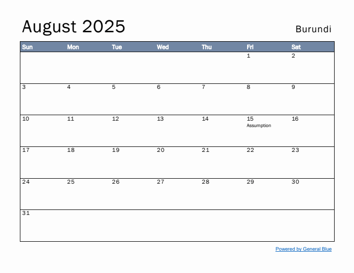 August 2025 Simple Monthly Calendar for Burundi