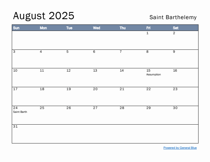 August 2025 Simple Monthly Calendar for Saint Barthelemy