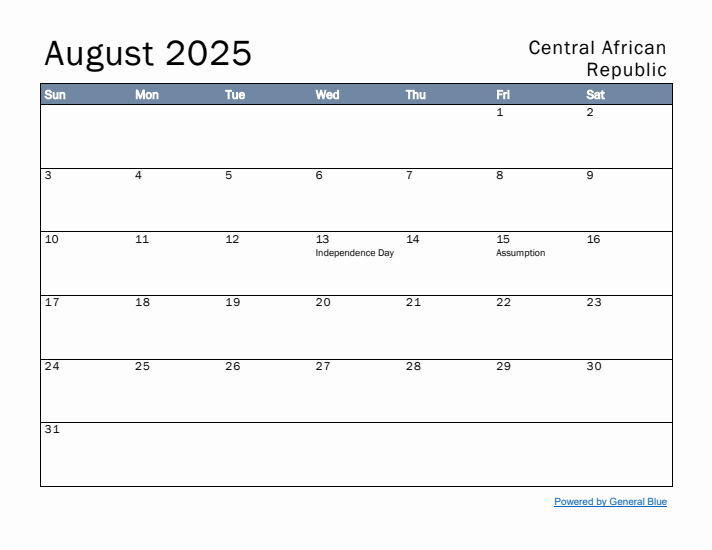 August 2025 Simple Monthly Calendar for Central African Republic