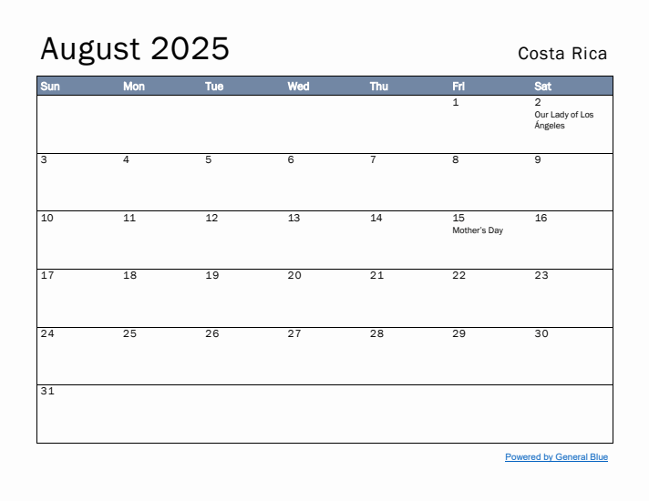 August 2025 Simple Monthly Calendar for Costa Rica