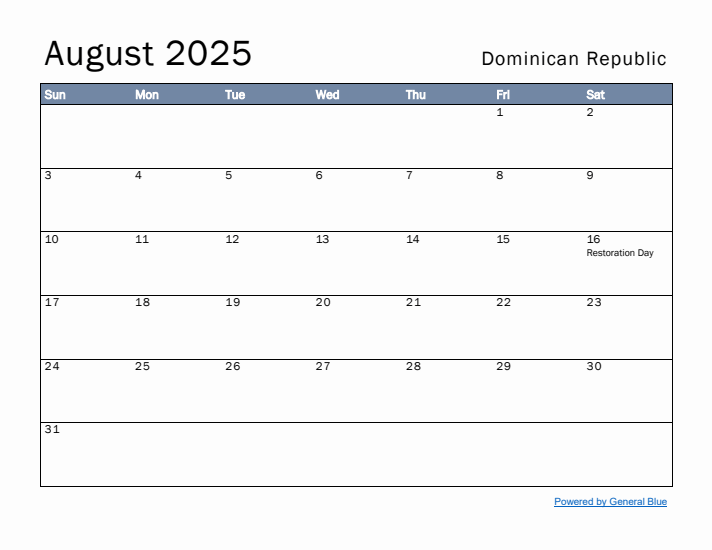 August 2025 Simple Monthly Calendar for Dominican Republic