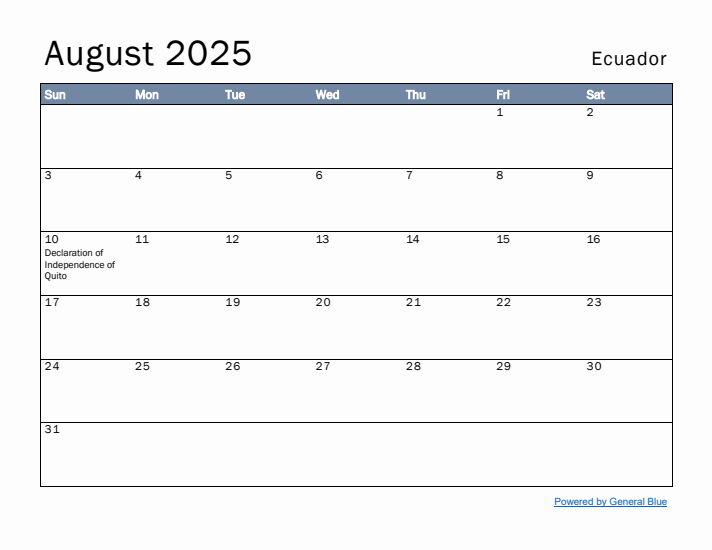 August 2025 Simple Monthly Calendar for Ecuador