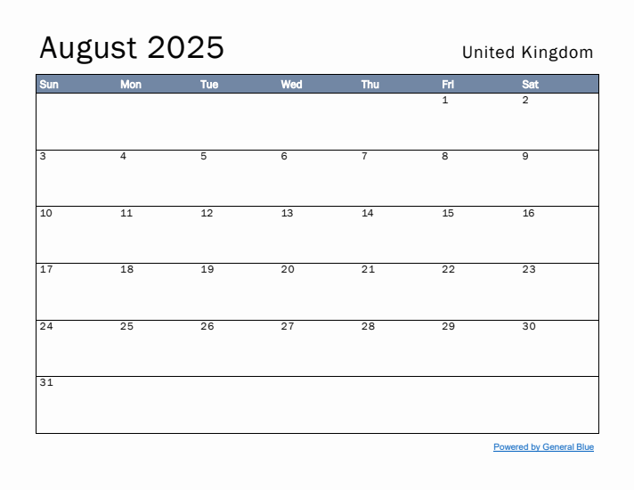 August 2025 Simple Monthly Calendar for United Kingdom