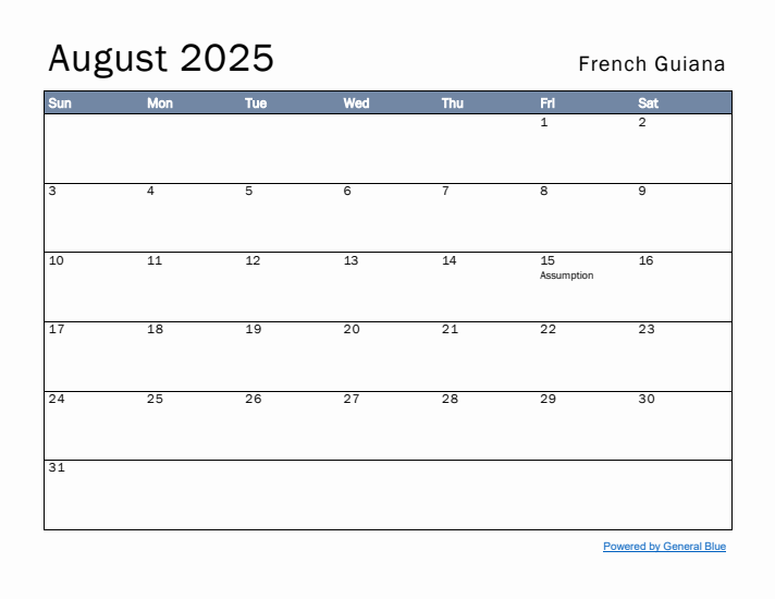 August 2025 Simple Monthly Calendar for French Guiana