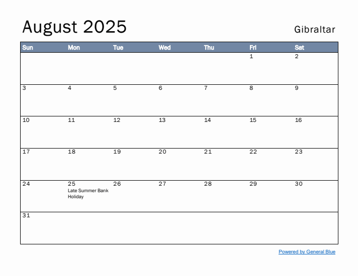 August 2025 Simple Monthly Calendar for Gibraltar