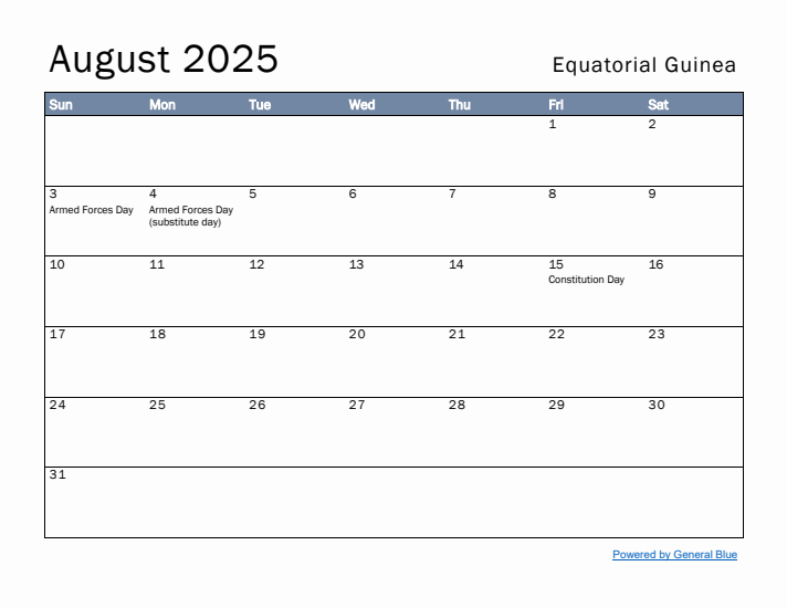 August 2025 Simple Monthly Calendar for Equatorial Guinea