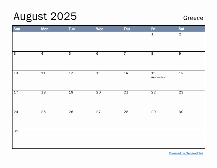 August 2025 Simple Monthly Calendar for Greece