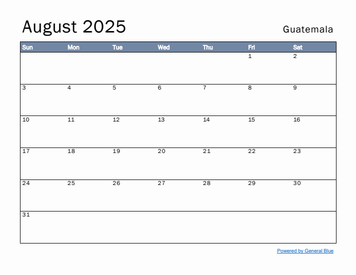 August 2025 Simple Monthly Calendar for Guatemala