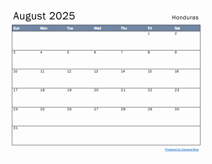 August 2025 Simple Monthly Calendar for Honduras