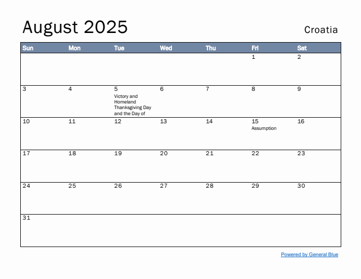 August 2025 Simple Monthly Calendar for Croatia