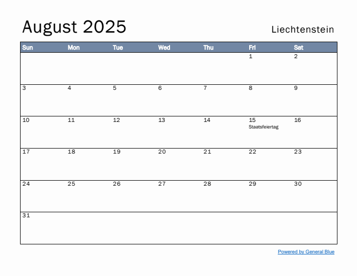 August 2025 Simple Monthly Calendar for Liechtenstein