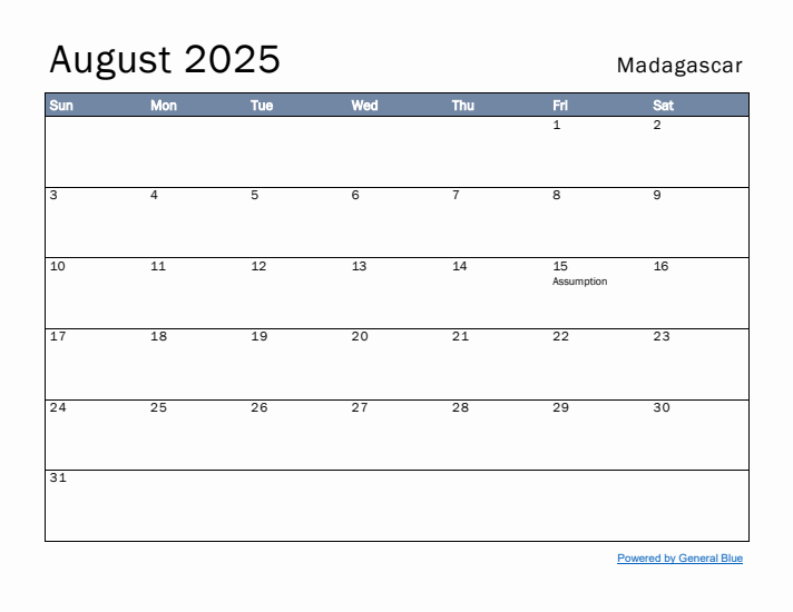 August 2025 Simple Monthly Calendar for Madagascar