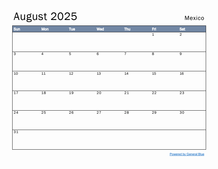 August 2025 Simple Monthly Calendar for Mexico