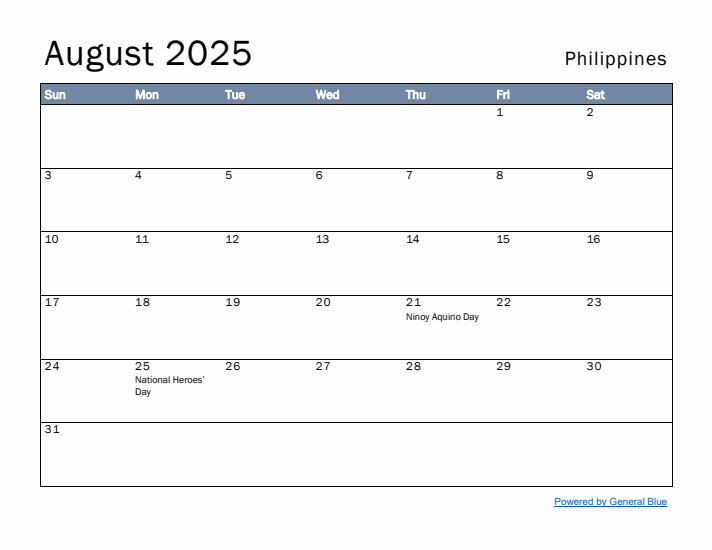 August 2025 Simple Monthly Calendar for Philippines