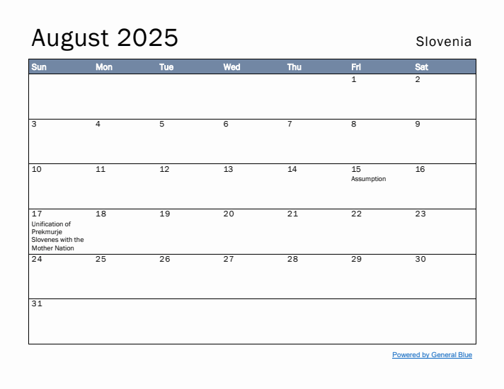 August 2025 Simple Monthly Calendar for Slovenia