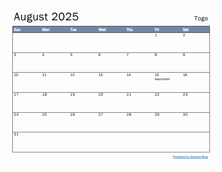 August 2025 Simple Monthly Calendar for Togo