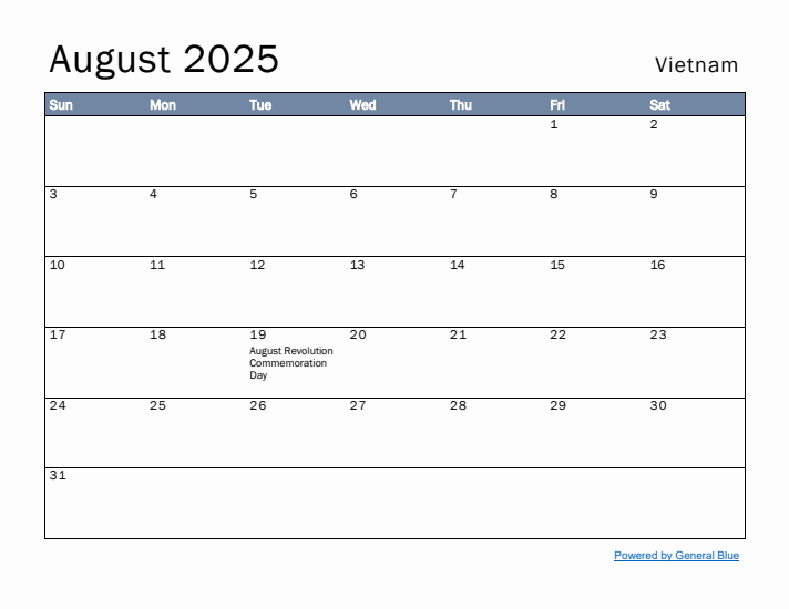 August 2025 Simple Monthly Calendar for Vietnam