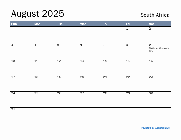 August 2025 Simple Monthly Calendar for South Africa