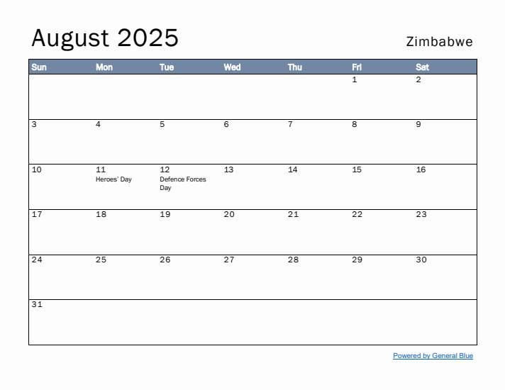 August 2025 Simple Monthly Calendar for Zimbabwe