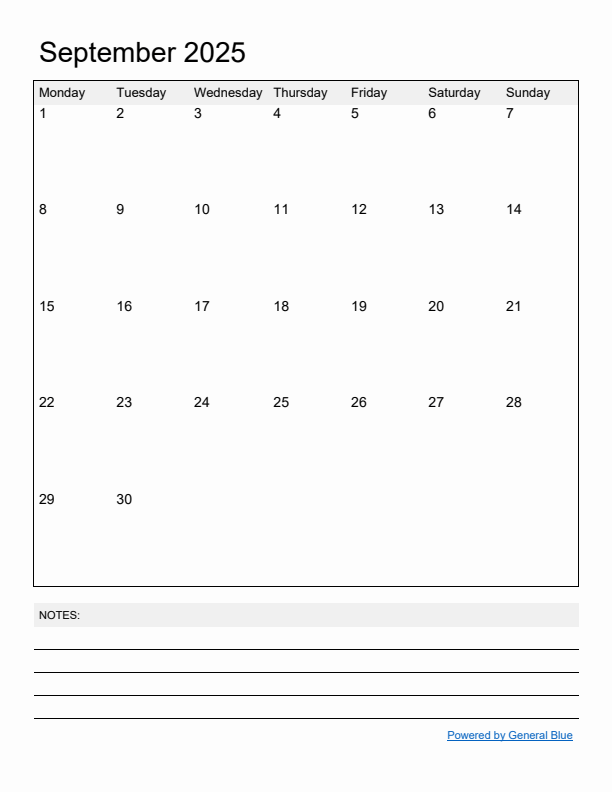 Basic Monthly Calendar Template for September 2025