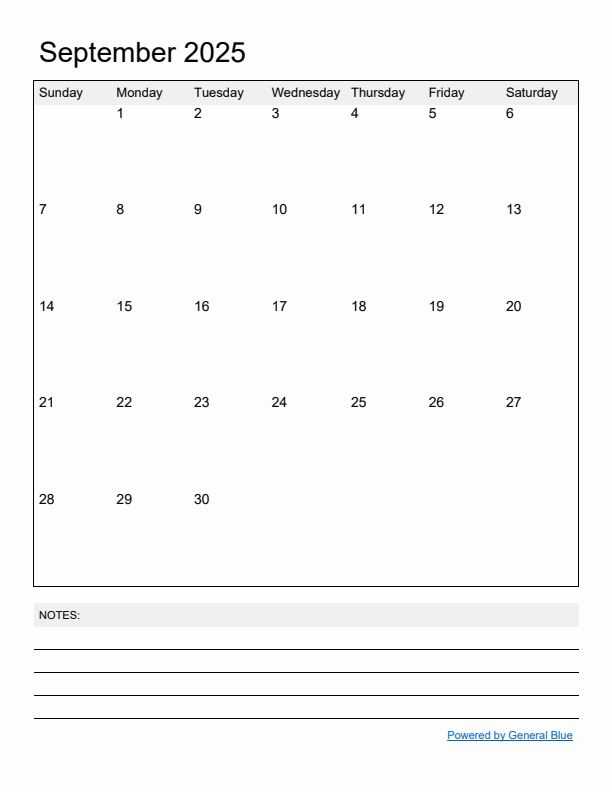 Basic Monthly Calendar Template for September 2025