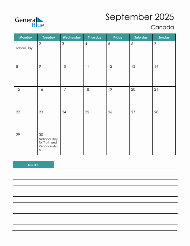 Calendar with Notes Printable - Monday Start