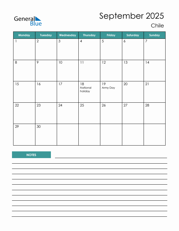 Calendar with Notes Printable - Monday Start