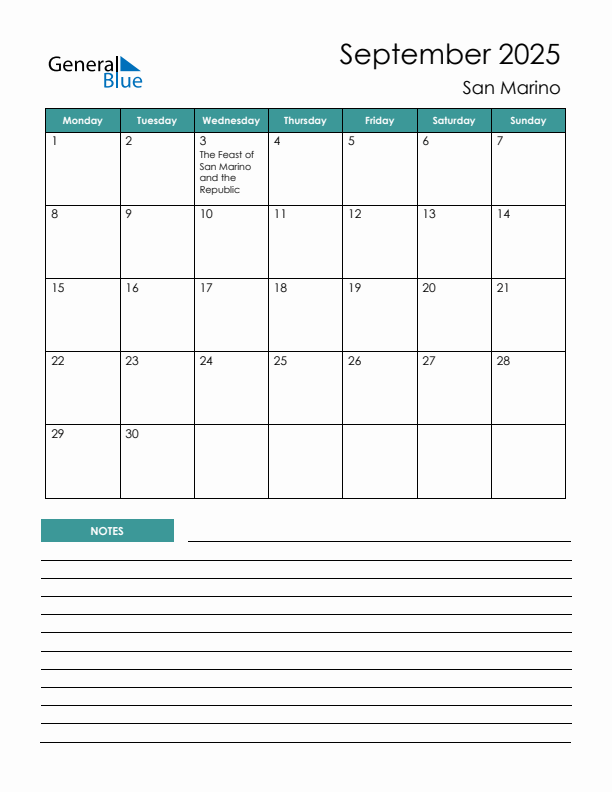 Calendar with Notes Printable - Monday Start