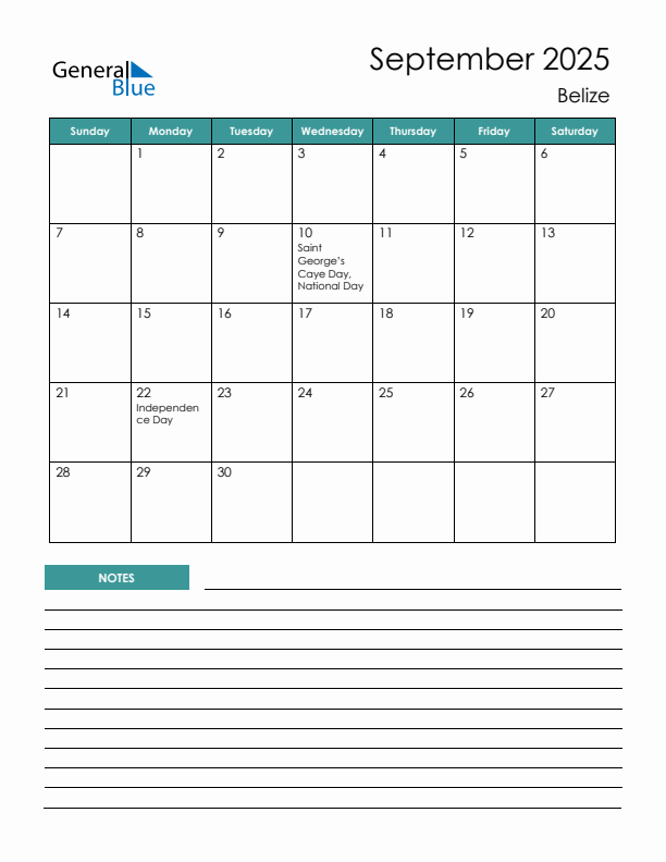 Calendar with Notes Printable - Sunday Start