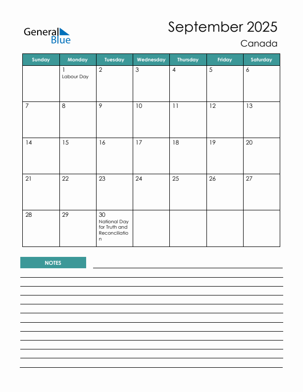 Calendar with Notes Printable - Sunday Start