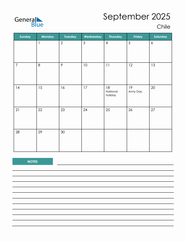 Calendar with Notes Printable - Sunday Start