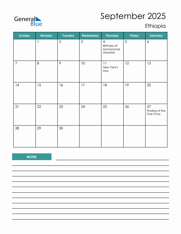 Calendar with Notes Printable - Sunday Start