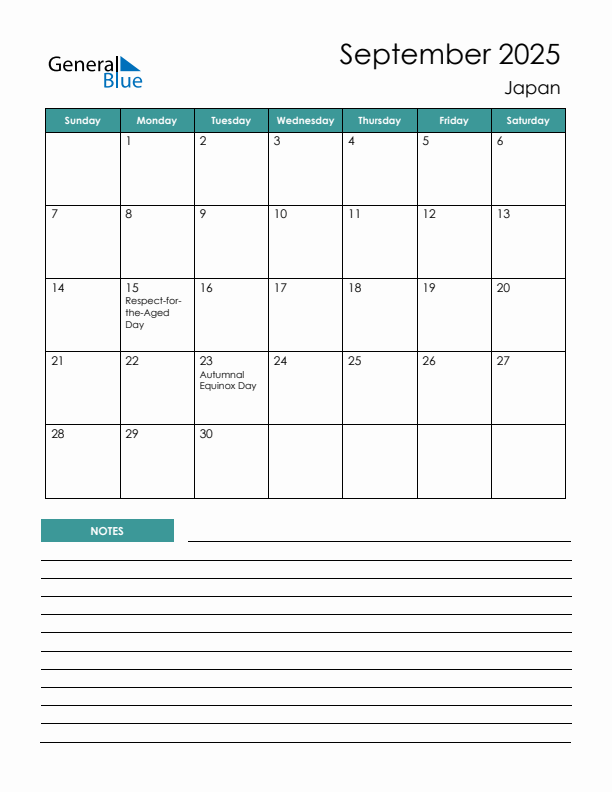 Calendar with Notes Printable - Sunday Start